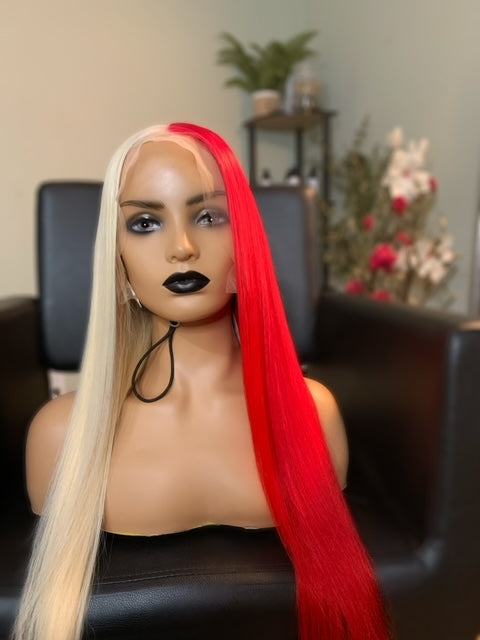 Half White Half Red - Red Hair & Blonde hair wig Human Hair Silky straight wig