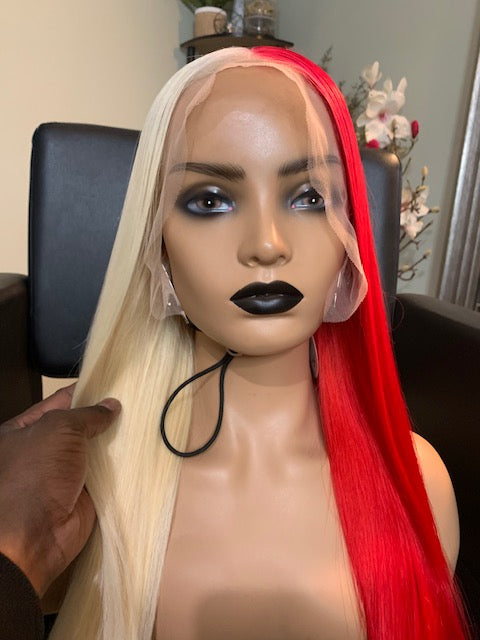 Half White Half Red - Red Hair & Blonde hair wig Human Hair Silky straight wig